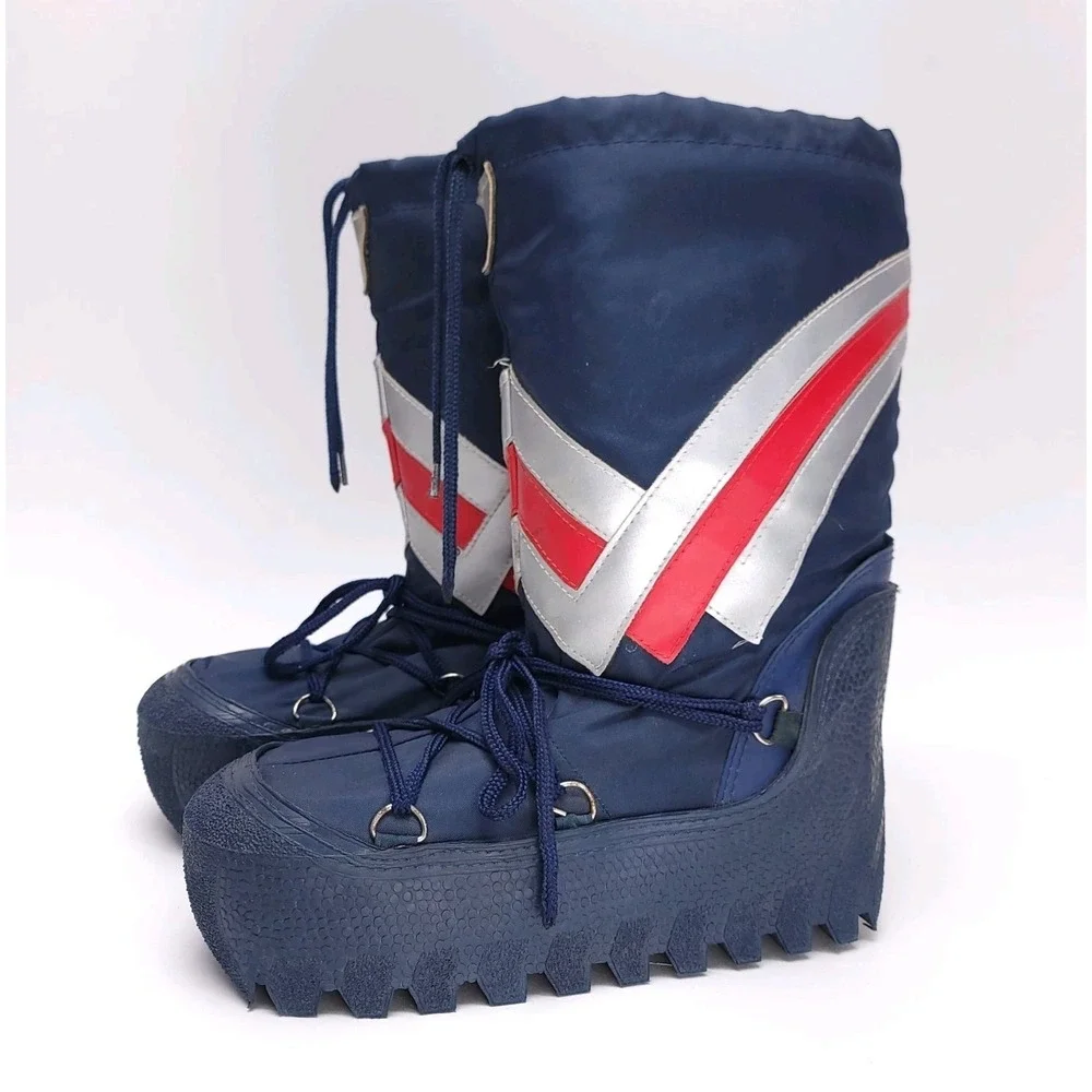 Vintage 80s Moon Boots Snow Retro Blue Silver Techno‎ Viking Napoleon Mens 9-10